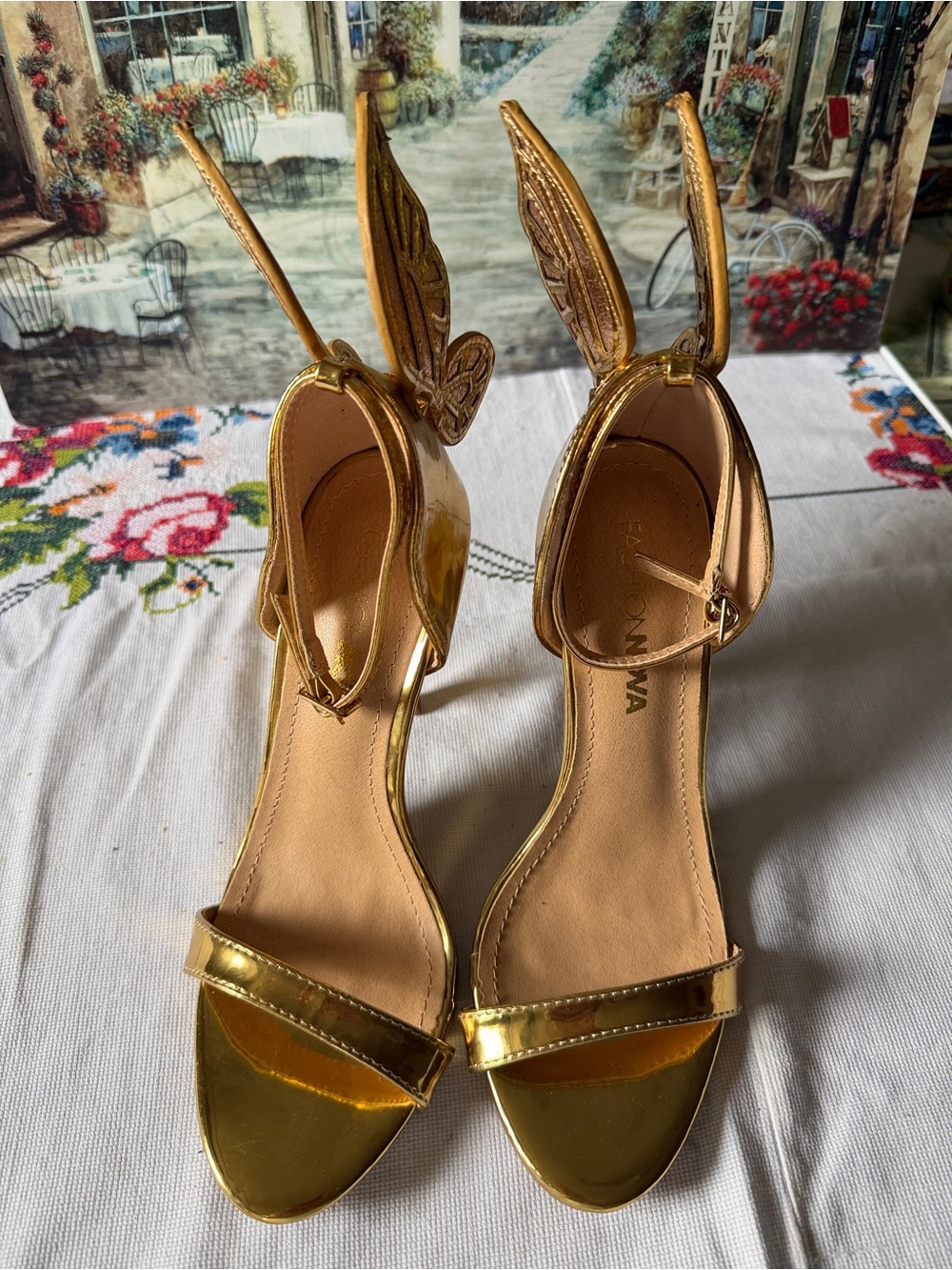 Fashion Nova Metallic Gold Wing Ankle-Strap Heels